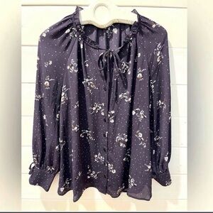 PENNINGTONS Dark Plum Floral Blouse with Tie Details Size XL